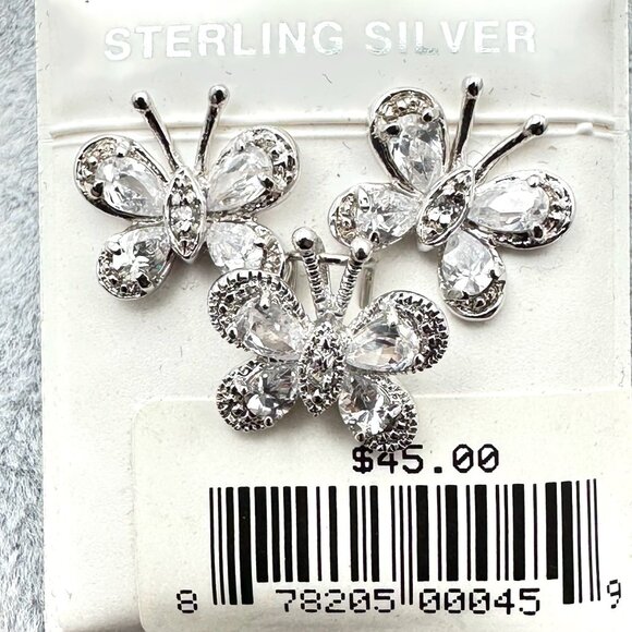 Clear CZ Butterfly Sterling Silver Pierced Earrings & Pendant For Necklace NOS - Picture 1 of 3